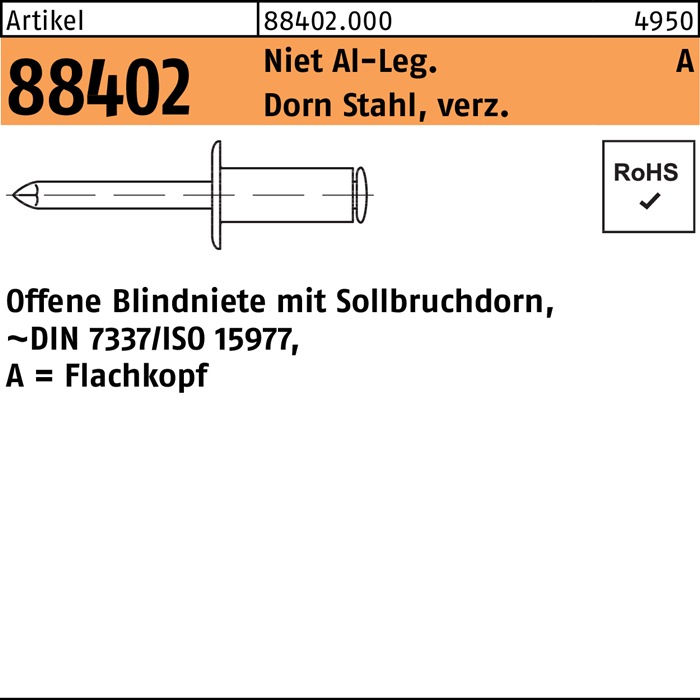 DIVERSE Blindniete R 88402 Flachkopf 3 x 10 Niet Aluminium/Dorn Stahl verzinkt 