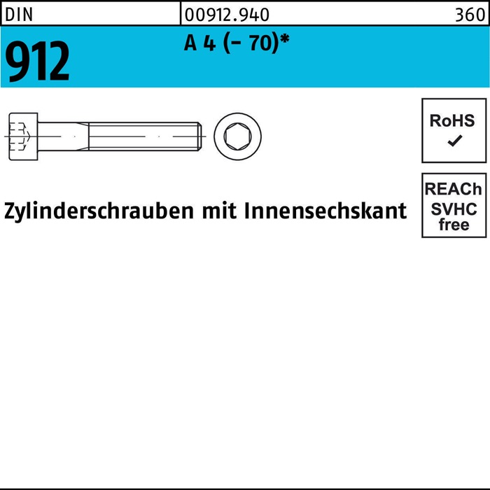 Zylinderschraube DIN 912 Innen-6kt M6x 150 A 4 (- 70) 100 St&uuml;ck - 1