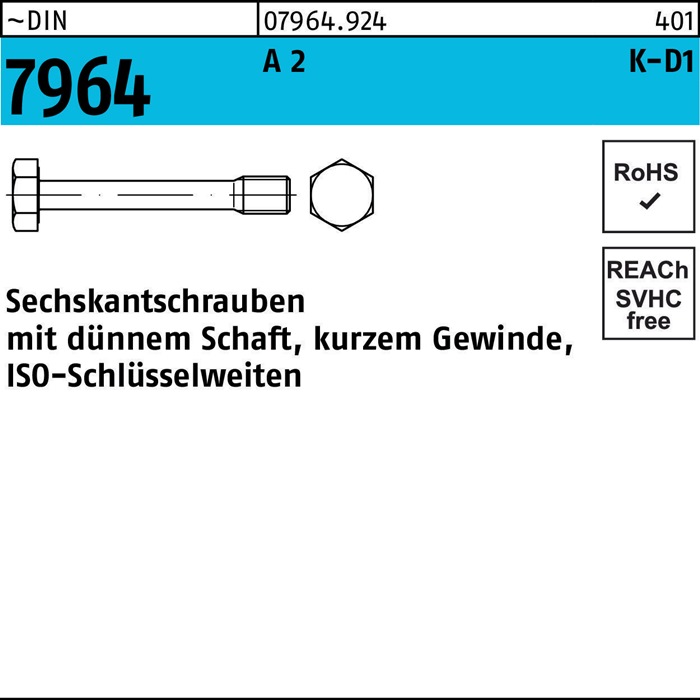Dünnschaftschraube DIN 7964 Schaft M10x 25/12,5 A 2 50 Stück - 1