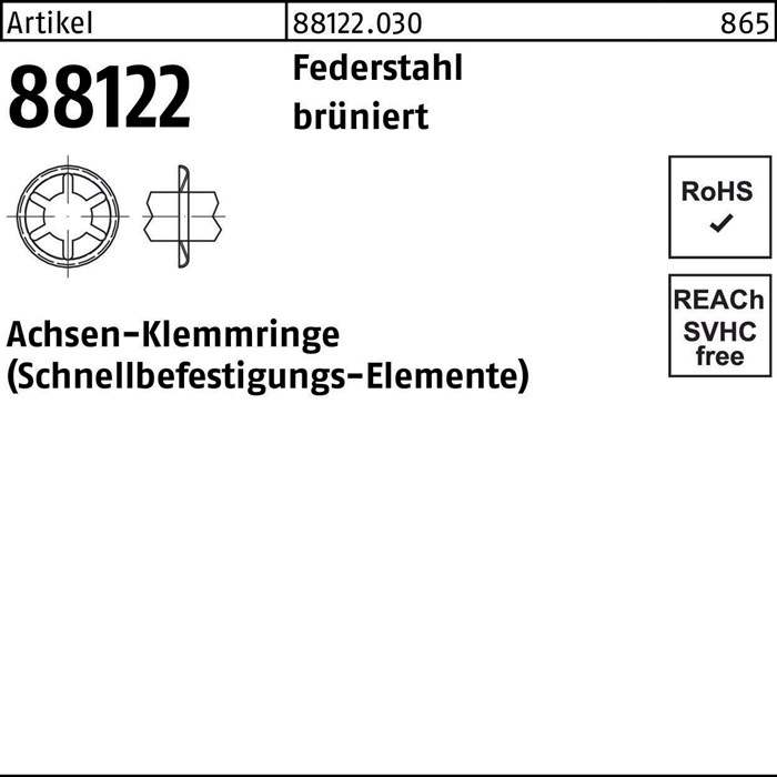 Achsenklemmring R 88122 FF 3x11,2x1,5 Federstahl brüniert 1000 Stück