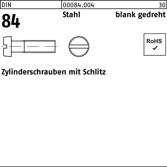 Zylinderschraube DIN 84/ISO 1207 Schlitz M1x 8 Stahl blank gedreht 100 St&uuml;ck - 1