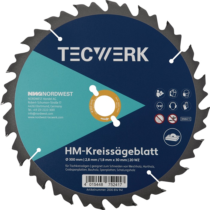 Lame de scie circulaire sur table TECWERK ø extérieur 300 mm nombre de dents 20 WZ