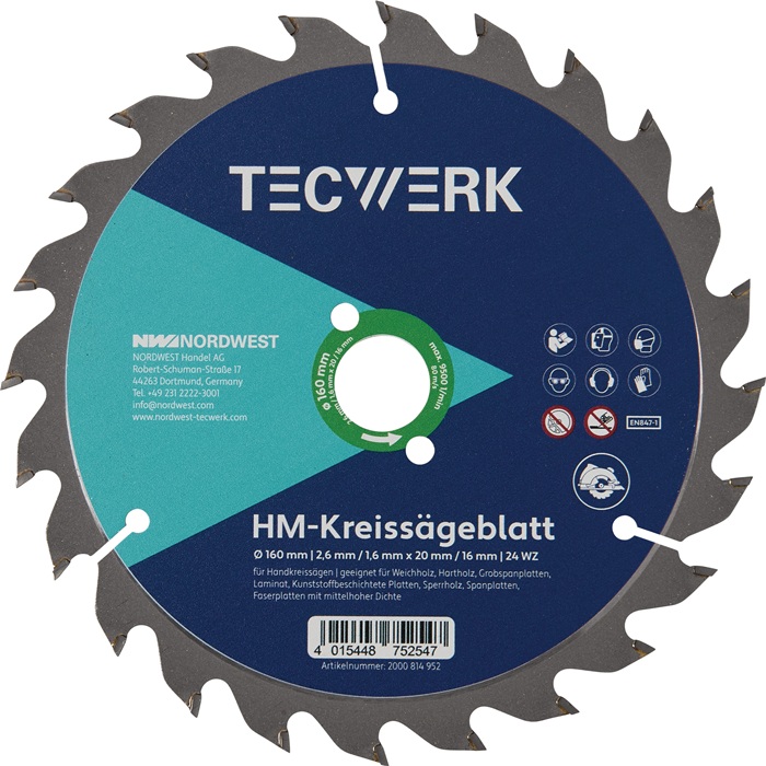 Lame de scie circulaire manuelle TECWERK ø extérieur 160 mm nombre de dents 24 WZ