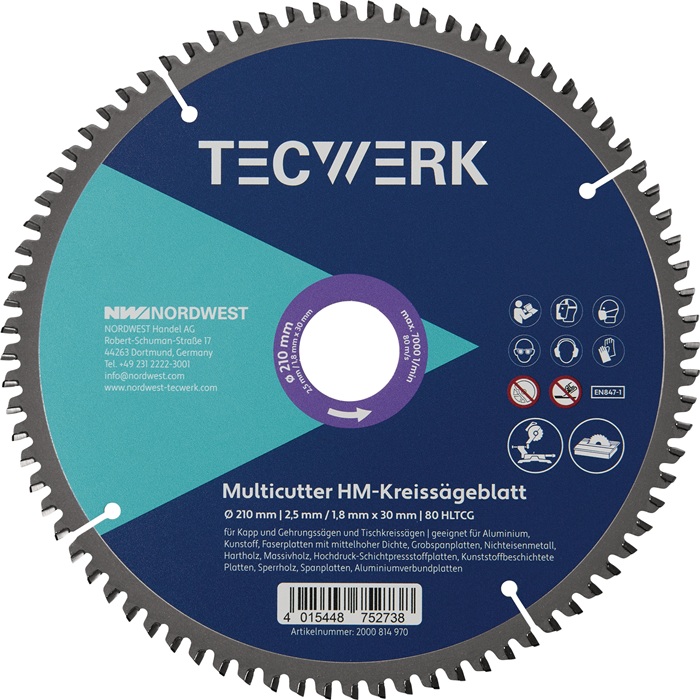 Lame de scie circulaire sur table/à ongl TECWERK Ø extérieur 210 mm 80 dents HLTCG