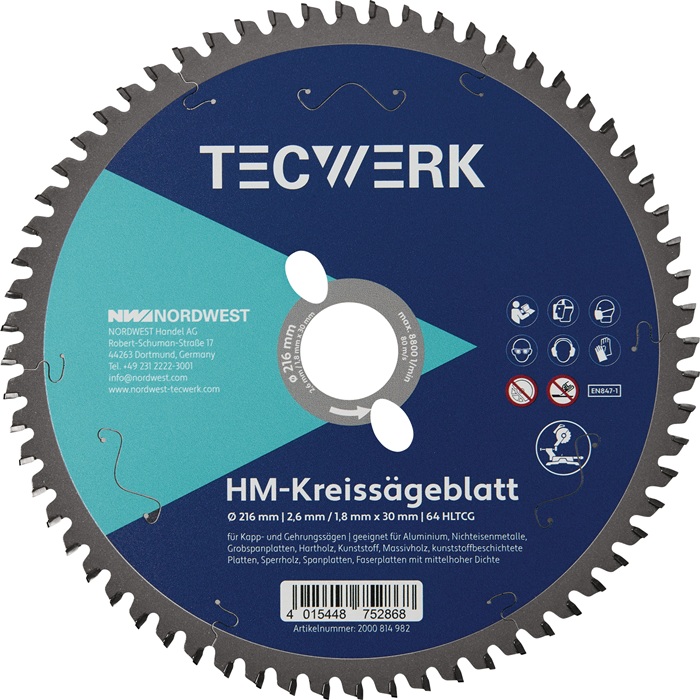 Lame de scie circulaire à onglet TECWERK Ø extérieur 216 mm 64 dents HLTCG