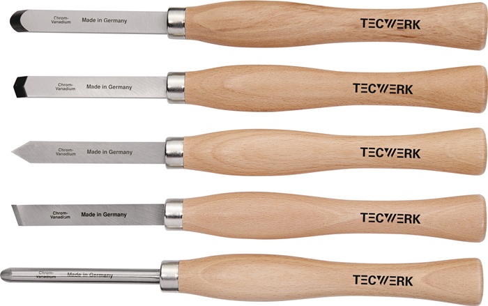 Jeu de ciseaux à bois de tourneur TECWERK burin tronç., creux, obl., pointu, rond