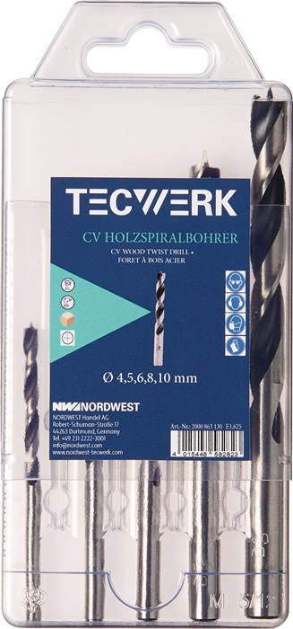 Jeu de forets bois TECWERK D. 4, 5, 6, 8, 10 mm